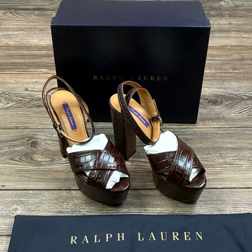 Ralph Lauren Womens EU 39.5 Lakia Platform Sandal Brown Croc Embossed Calf NEW